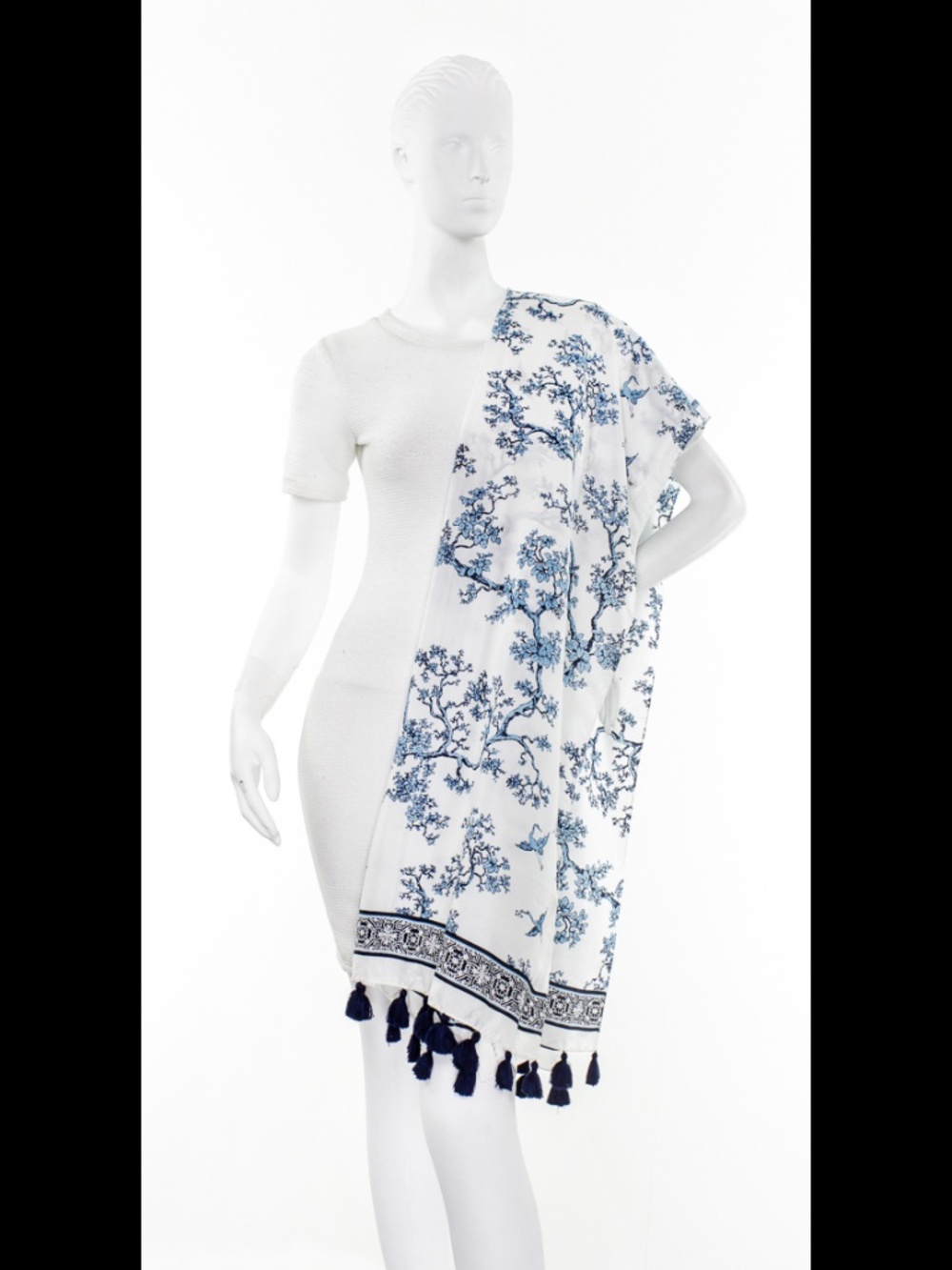 Florence Broadhurst Cranes Tassel Wrap Scarf : Blue/White : New w/ Tags